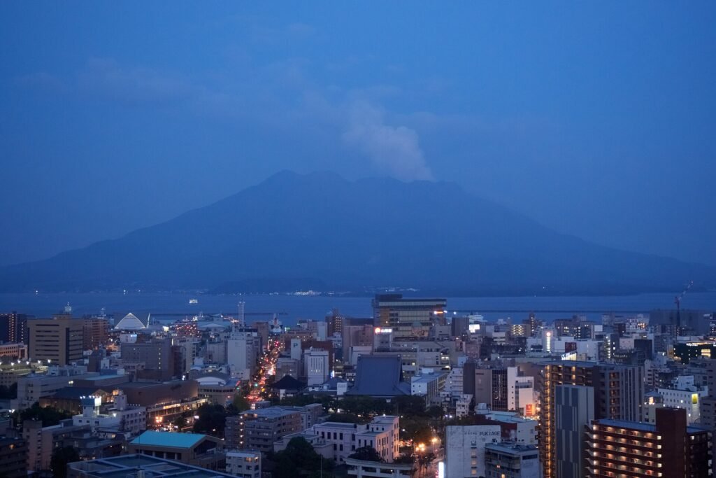 Sakurajima volcano seen across the bay from Kagoshima city