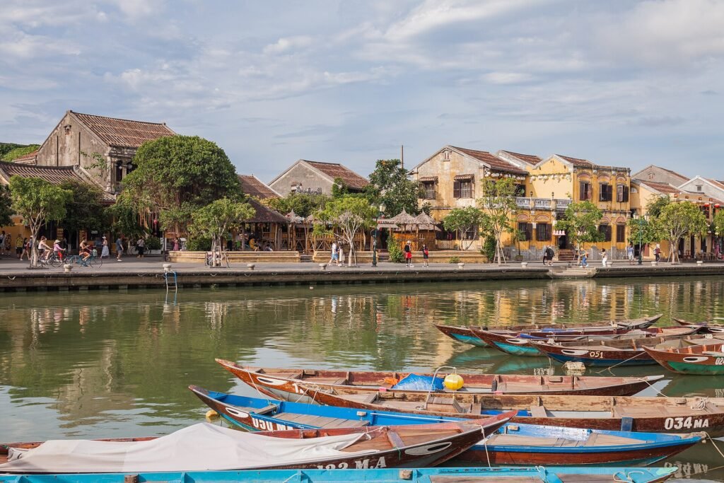 Lantern-lit riverside buildings in Hoi An ancient town