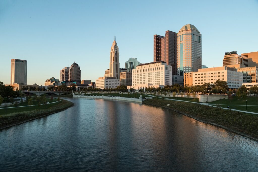 The downtown Columbus skyline seen across the Scioto River from the Scioto Mile