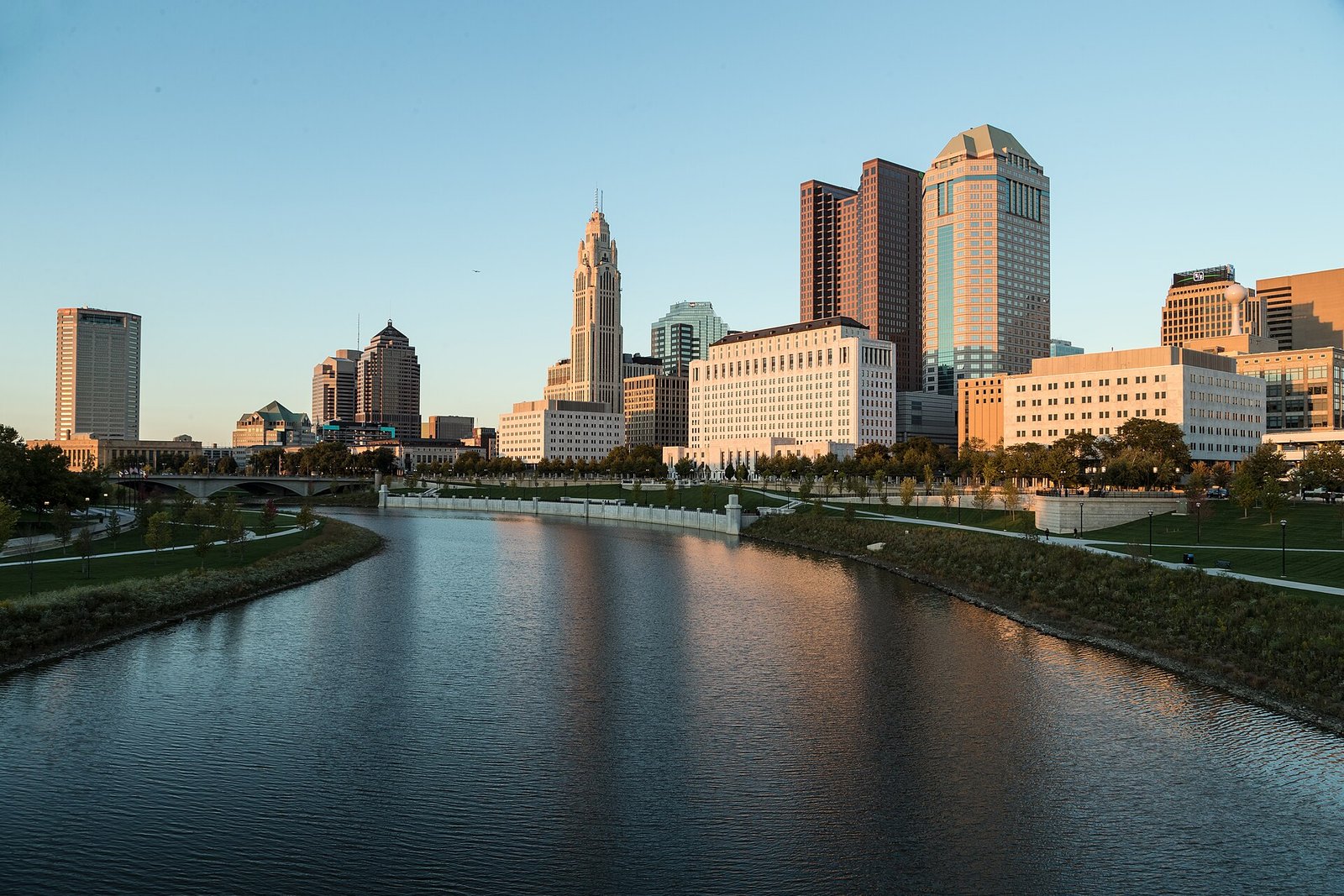 The downtown Columbus skyline seen across the Scioto River from the Scioto Mile