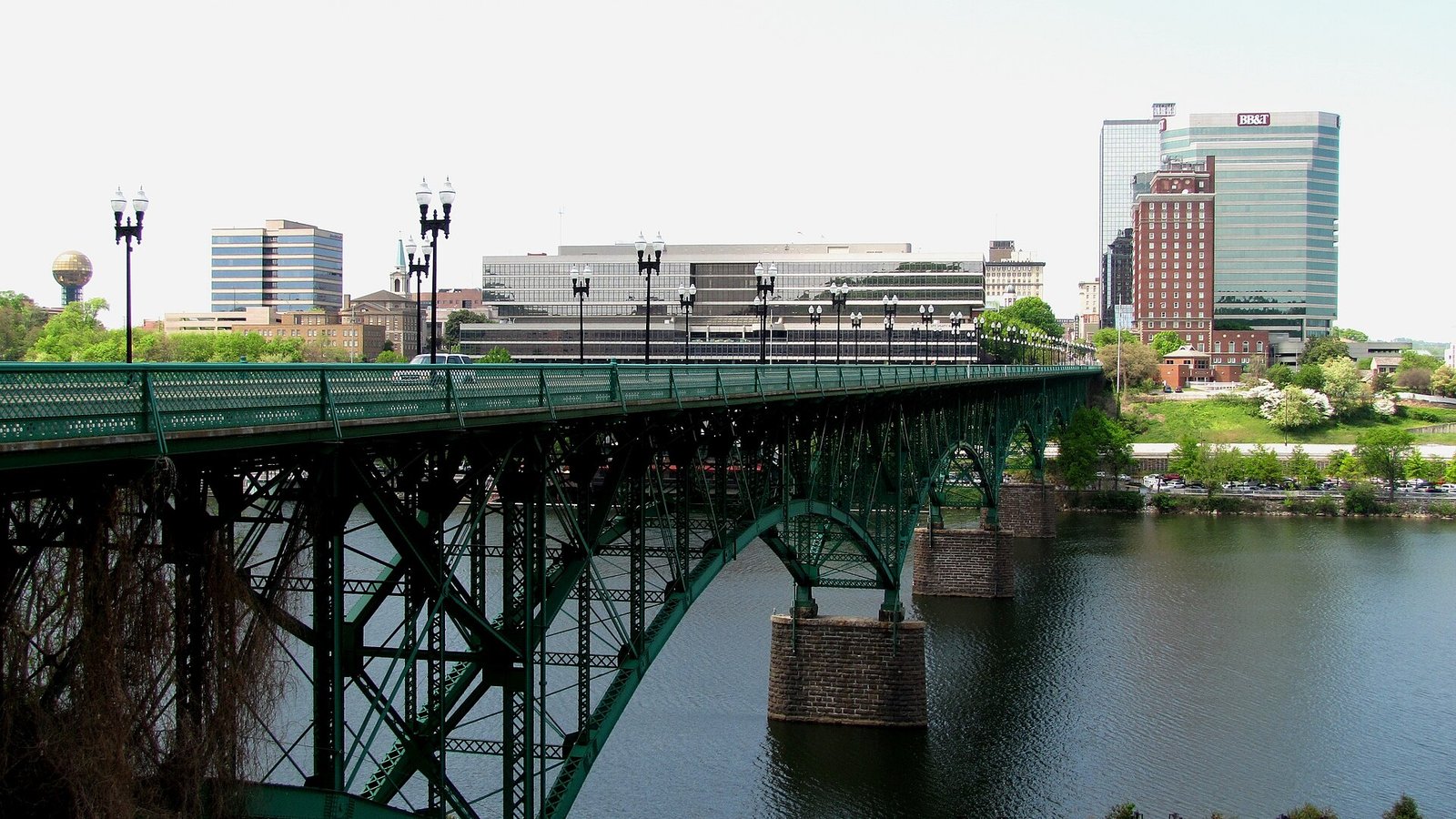 The downtown Knoxville skyline and Henley Street Bridge seen across the Tennessee River