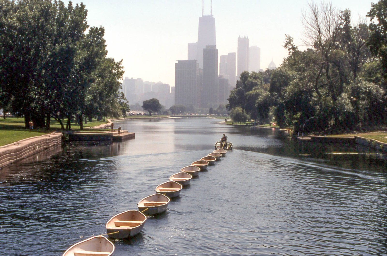 The Chicago skyline seen across the lagoon in Lincoln Park