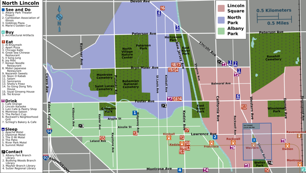 The fountain and shops of Giddings Plaza in Chicago's Lincoln Square