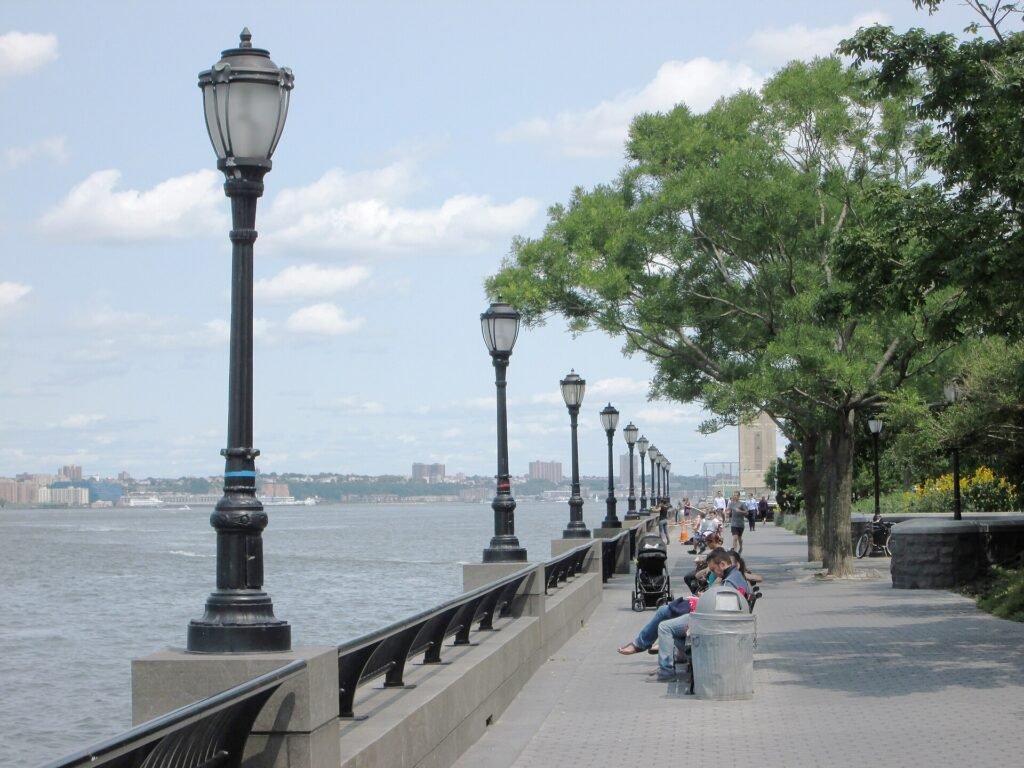 The waterfront esplanade and apartment towers of Battery Park City