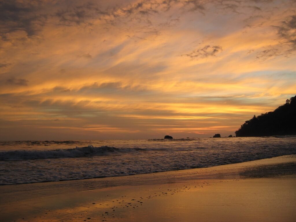 Palm-fringed beach and forested headland at Manuel Antonio National Park on the Pacific coast