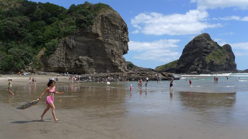 Black-sand surf beach at Piha on Auckland's west coast with Lion Rock in the distance