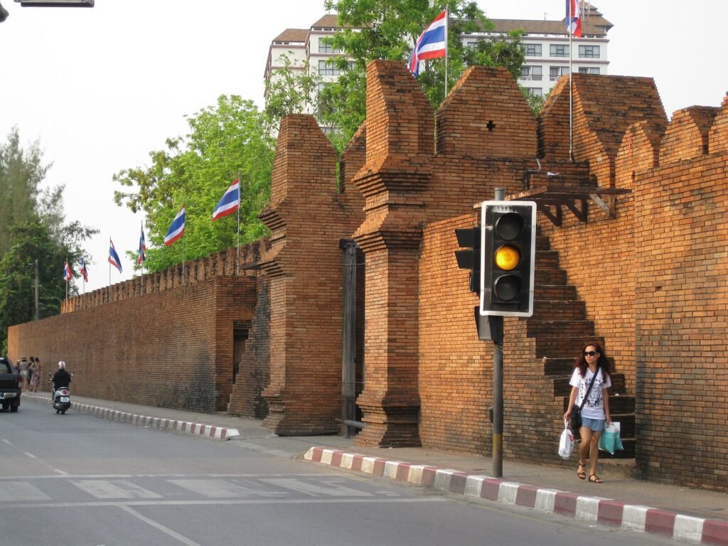 The old brick Tha Phae Gate and moat in Chiang Mai