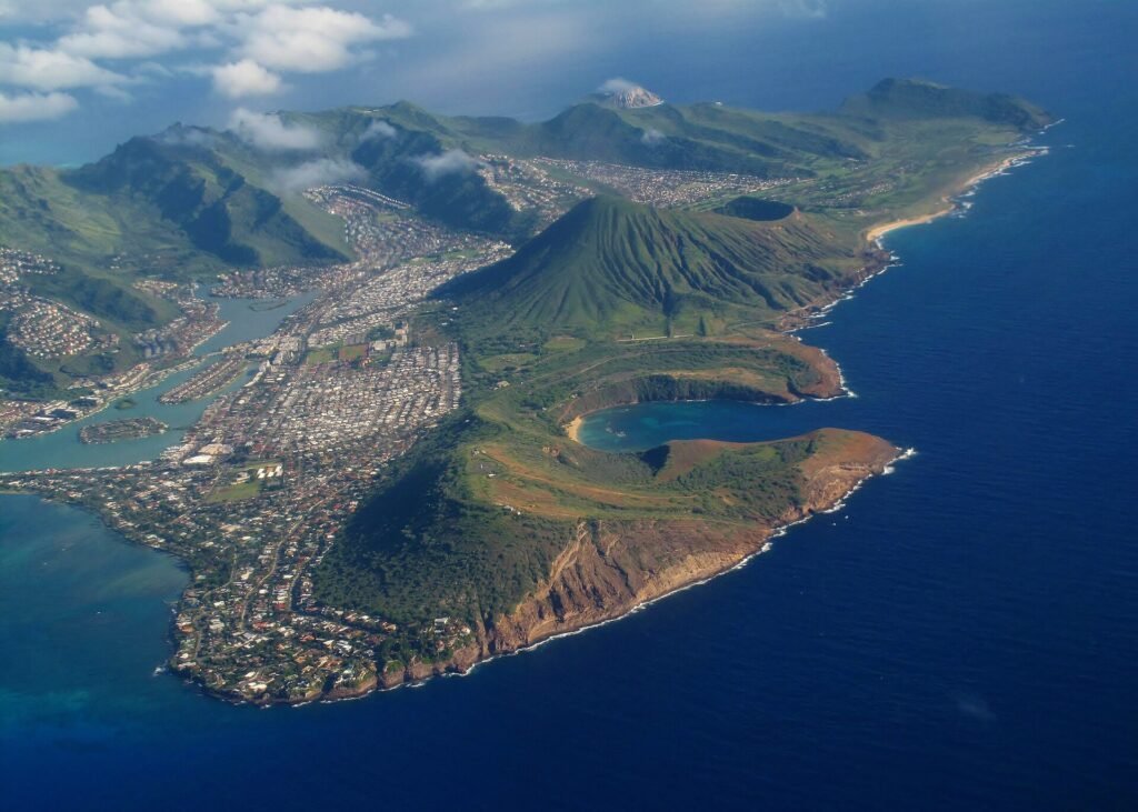 The curved reef-filled lagoon of Hanauma Bay on Oahu seen from the crater rim