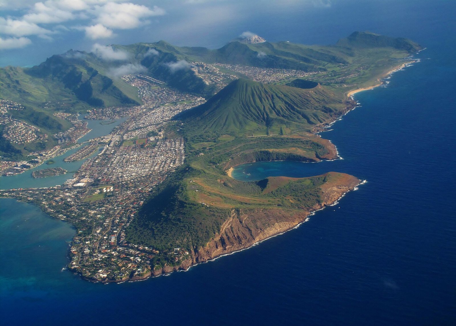 The curved reef-filled lagoon of Hanauma Bay on Oahu seen from the crater rim