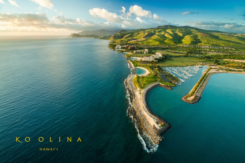 A calm, rock-protected lagoon with white sand at Ko Olina on Oahu